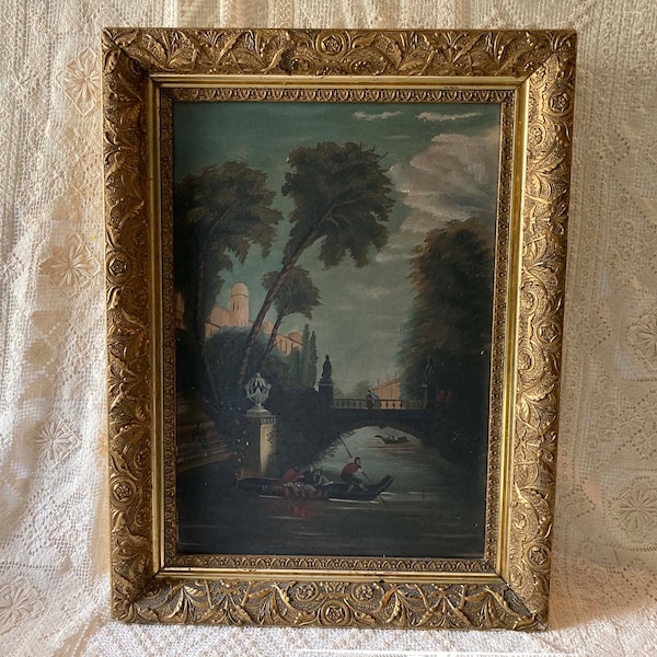 Antique Oil Painting Landscape Canal Scene with Gondola Bridge Gardens Elaborate Gold  Frame