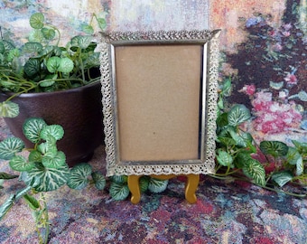 Small Lacy Filigree Brass Picture Frame Rose Motif Tray Or Wall Hung