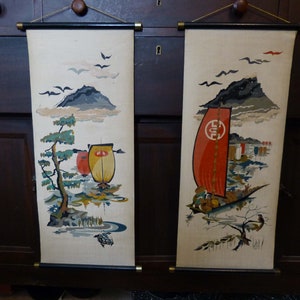 Pair Hand Painted Scrolls Wall Hanging Oil On Fabric Sailboats Made In Japan