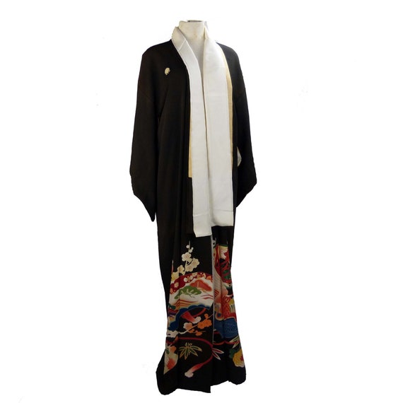 Vintage Japanese Silk Crepe Kimono Black With Flor