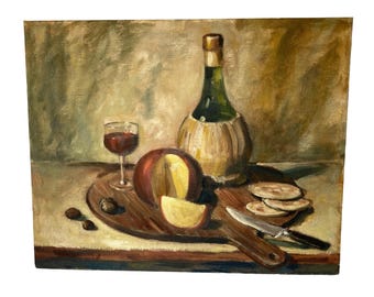 Oil Painting Vintage Still Life Apple Cheese Chianti Wine Signed
