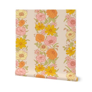 Retro Floral Stripe Wallpaper: Pastel Pink, Orange & Yellow (Peel and Stick or Prepasted)