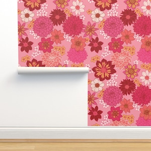 Retro Pink Dahlias Floral Wallpaper in Peel Stick or Prepasted Wallpaper, DIY Designer Renters Wallpaper, Girls Room Wallpaper