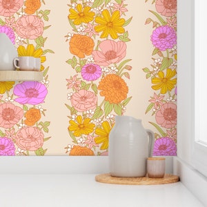 Papel de parede listrado floral retrô: cores pastéis, removível e colante ou pré-colado
