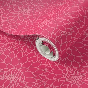 Dark Pink Dahlias Floral Wallpaper in Peel Stick or Prepasted Wallpaper, DIY Designer Renters Wallpaper, Girls Room Wallpaper