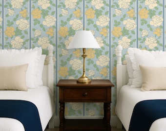 Blue and Yellow Rose Stripe Peel and Stick or Prepasted Wallpaper - Preppy Decor
