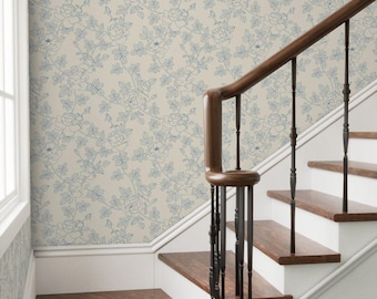 Grandmillenial Floral Rose Wallpaper: Blue and Cream Wallpaper (Peel and Stick or Prepasted)