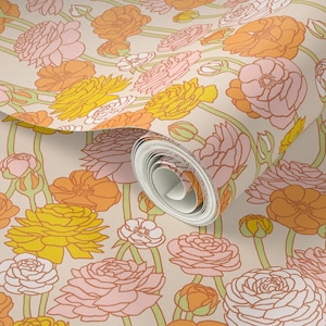 Retro Floral Wallpaper: Orange, Pink & Yellow Ranunculus - Peel and Stick or Prepasted