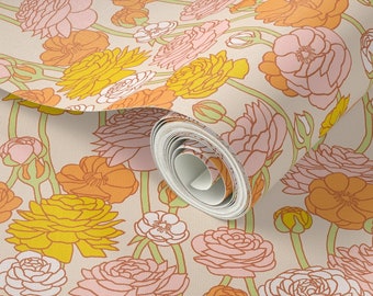 Retro Floral Wallpaper: Orange, Pink & Yellow Ranunculus - Peel and Stick or Prepasted