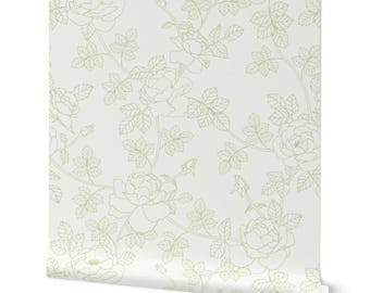 Vintage Floral Rose Wallpaper: Green and Off White Nursery Wallpaper (Peel and Stick or Prepasted)