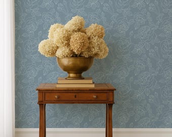 Blue Roses Peel and Stick or Prepasted Wallpaper - Grandmillennial Decor