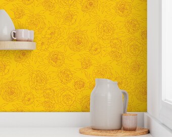 レトロな黄色の花柄壁紙：ラナンキュラスの花、剥がして貼るタイプまたは糊付きタイプ