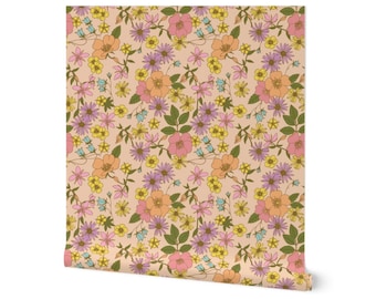 Pastel Retro Floral Wallpaper Girls Room Peel and Stick or Prepasted DIY Girly Decor