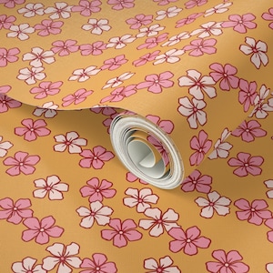 Carta da parati floreale retrò gialla e rosa a pois in stick o carta da parati preincollata, carta da parati per affittuari di design fai da te, carta da parati per camera delle ragazze