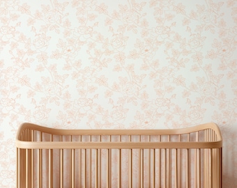 ヴィンテージフローラルローズ壁紙：ピーチピンクとオフホワイトの子供部屋用壁紙（貼ってはがせるタイプ、または糊付きタイプ）
