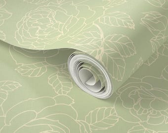 Light Green Roses Wallpaper: Peel and Stick or prepasted wallpaper, DIY Decor