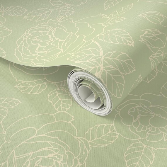 Light Green Roses Wallpaper: Peel and Stick or prepasted wallpaper, DIY Decor