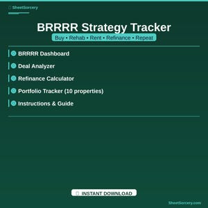 May include: A teal graphic with the text "BRRRR Strategy Tracker" and a list of features including "BRRRR Dashboard" and "Deal Analyzer." The graphic also includes the words "Instant Download."