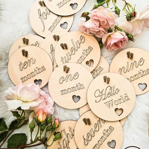 Disques d'étapes mensuelles pour bébé, accessoire photo en bois pour nouveau-né, ensemble de marqueurs pour la première année de bébé | Jalons de l'âge du nourrisson | Cadeau personnalisé pour baby shower