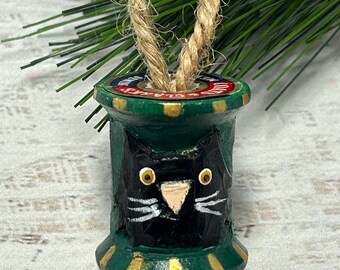 Hand Carved Black Cat Thread Spool Ornament, Cat Lover Gifts