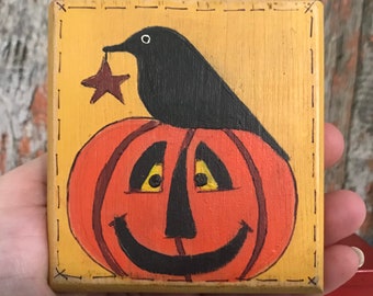 Halloween Painting FREE SHIPPING-Crow And Jack O'Lantern Wood Block Painting, 3 x 3 Block-Primitive  Primitive Halloween Folk Art