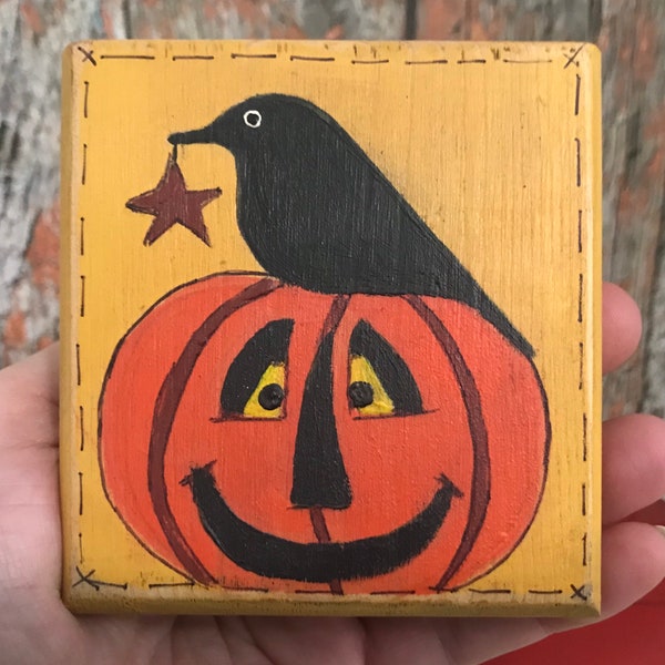 Halloween Painting FREE SHIPPING-Crow And Jack O'Lantern Wood Block Painting, 3 x 3 Block-Primitive  Primitive Halloween Folk Art