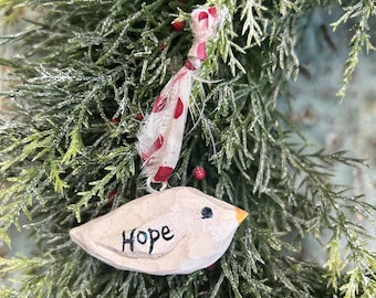 Carved Wood Dove Ornament: Sparkly White Bird with "Hope" Wings