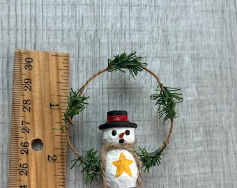 Miniature Carved Wood Snowman Christmas Ornament: Winter Solstice Decoration