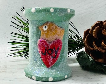 Hand Carved Joy Bird Spool Ornament, Glitter Christmas Decor