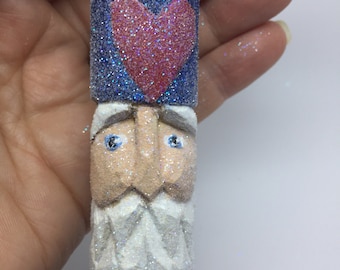 Sparkly Carved Uncle Sam Christmas Ornament/Wood Carved Americana Santa Decor/Valentines Day Gnome