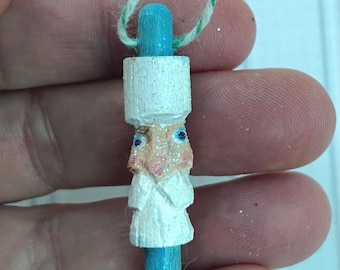 Sparkly Carved Miniature Santa Rolling Pin Christmas Ornament, Tiny Blue Santa Ornament