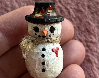 Hand Carved Snowman Pin, Acrylic Painted Wood, Jute Scarf
