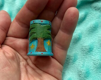 Hand Carved Palm Tree Spool Ornament, Vintage Sewing Decor