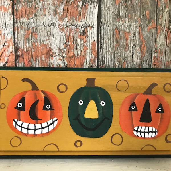 Halloween Jack Plaque, Jack o' Lantern Trio Art, Hand Painted Halloween Wood Plaque