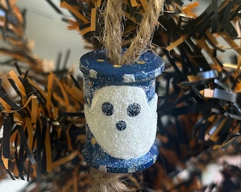 Sparkly Carved Ghost Spool Ornament: Tiny Ghost Halloween Decor