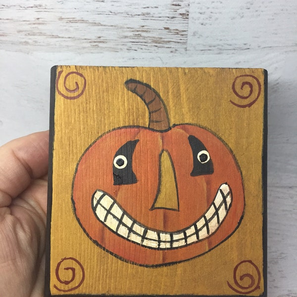 Primitive Halloween Wood Block Jack O Lantern painting-Folk Art Halloween Painting-All Hallows Eve, SALE