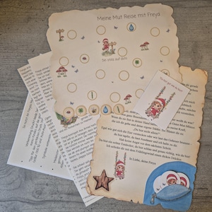 May include: A children's game with a fairy theme. The game includes a game board, cards, and tokens with illustrations of fairies, mushrooms, and other whimsical elements. Text on the game pieces includes "Meine Mut Reise mit Freya" and "Sei stolz auf dich!"