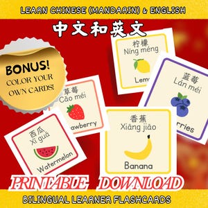 Può includere: Flashcard bilingue stampabili per l'apprendimento del cinese (mandarino) e dell'inglese. Le carte presentano illustrazioni colorate di frutta come anguria, fragola e banana, con caratteri cinesi e traduzioni in inglese. Include un bonus per colorare le tue carte.