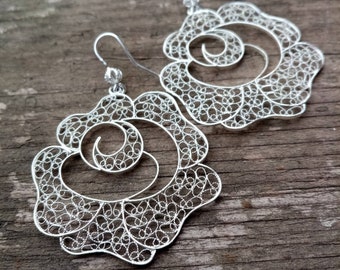 Rose - silver filigree earrings