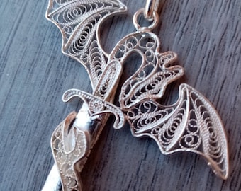 Dragon - silver filigree pendant (optional chain)