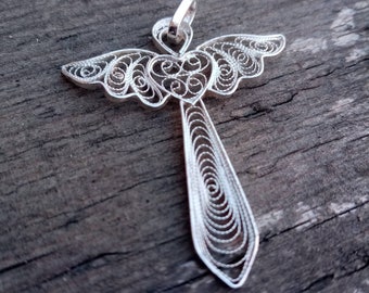 Winged cross - silver filigree pendant (optional chain)