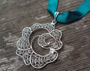 Rose - silver filigree pendant (optional chain)