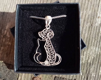 cat&dog - silver filigree pendant  (optional chain)