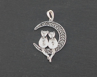 cats on the moon - silver filigree pendant (optional chain)