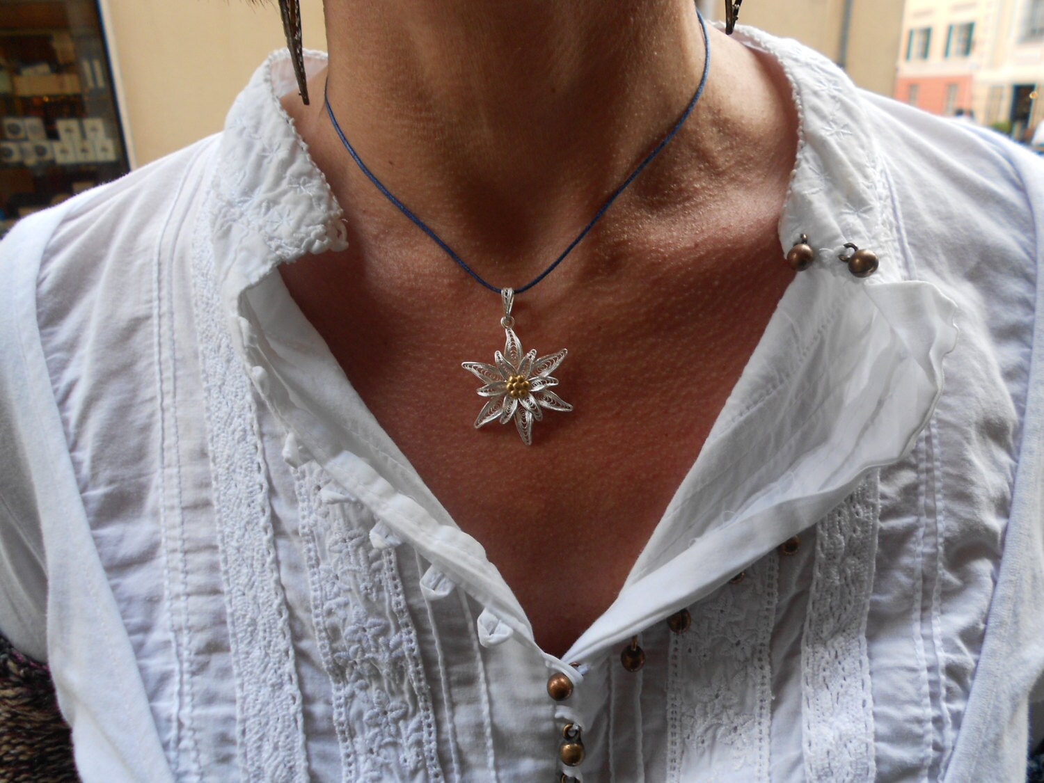 Ciondolo In Argento Placcato Con Acrilico Blu Scuro – Collana 54cm – Fatto A Mano