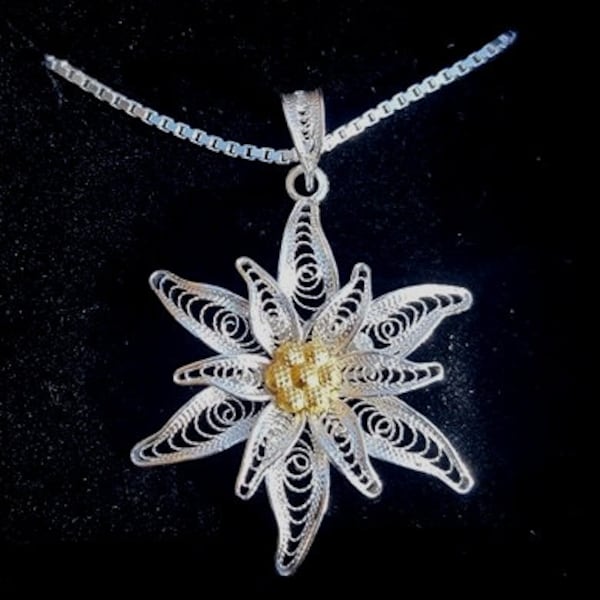 Edelweiss - pendentif en filigrane d'argent avec chaîne de 60 cm