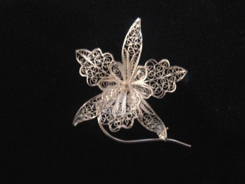 Superbe Broche Ancienne En Argent Massif – Motif Orchidée En Filigrane – France