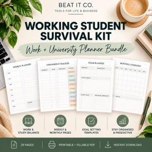 May include: A Working Student Survival Kit planner bundle featuring four printable pages: a weekly planner, assignment tracker, exam planner, and monthly overview. The text includes headings for each section and icons for work, study, and goal setting.