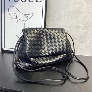 Woven Leather Shoulder Bag, Women's Underarm Bag, Elegant Shoulder Bag, Leather Minimalist Purse Black