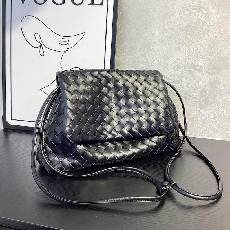Woven Leather Shoulder Bag, Women's Underarm Bag, Elegant Shoulder Bag, Leather Minimalist Purse Black